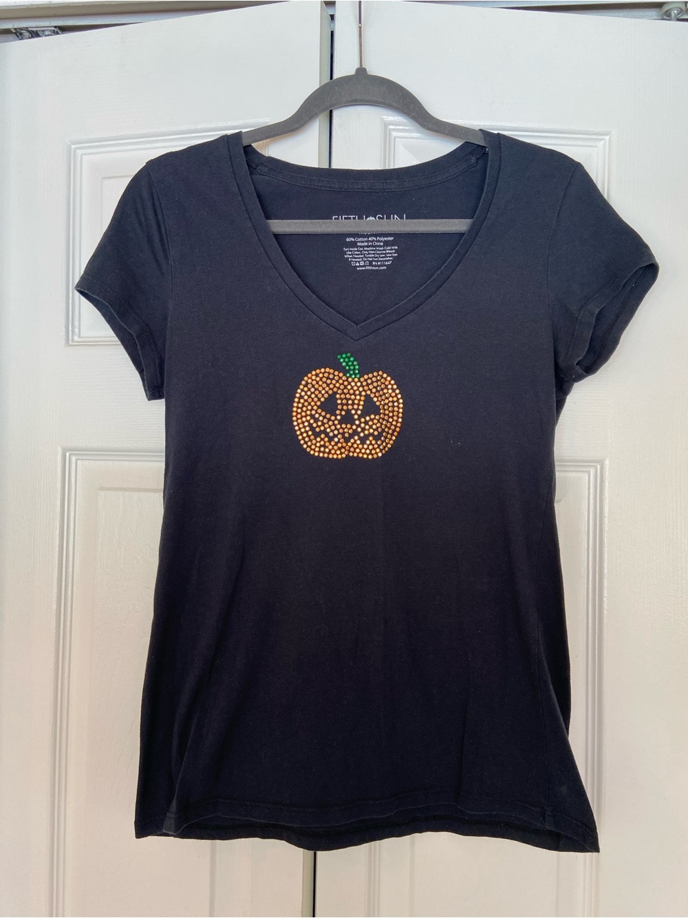 Fifth Sun Black V-Neck Tee with Orange Rhinestone Pumpkin